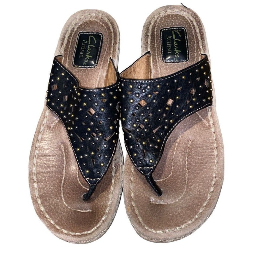Clarks Artisan Low Wedge Sandal Black Studded Women’s Size 9